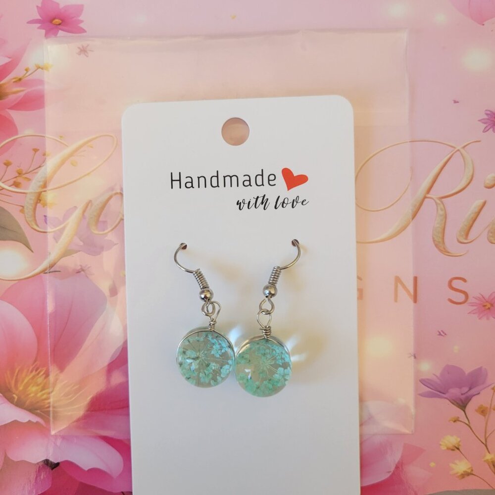 Silver Plated Real Dried Baby Blue Flower Resin Earrings - Round - Picture 2 of 2